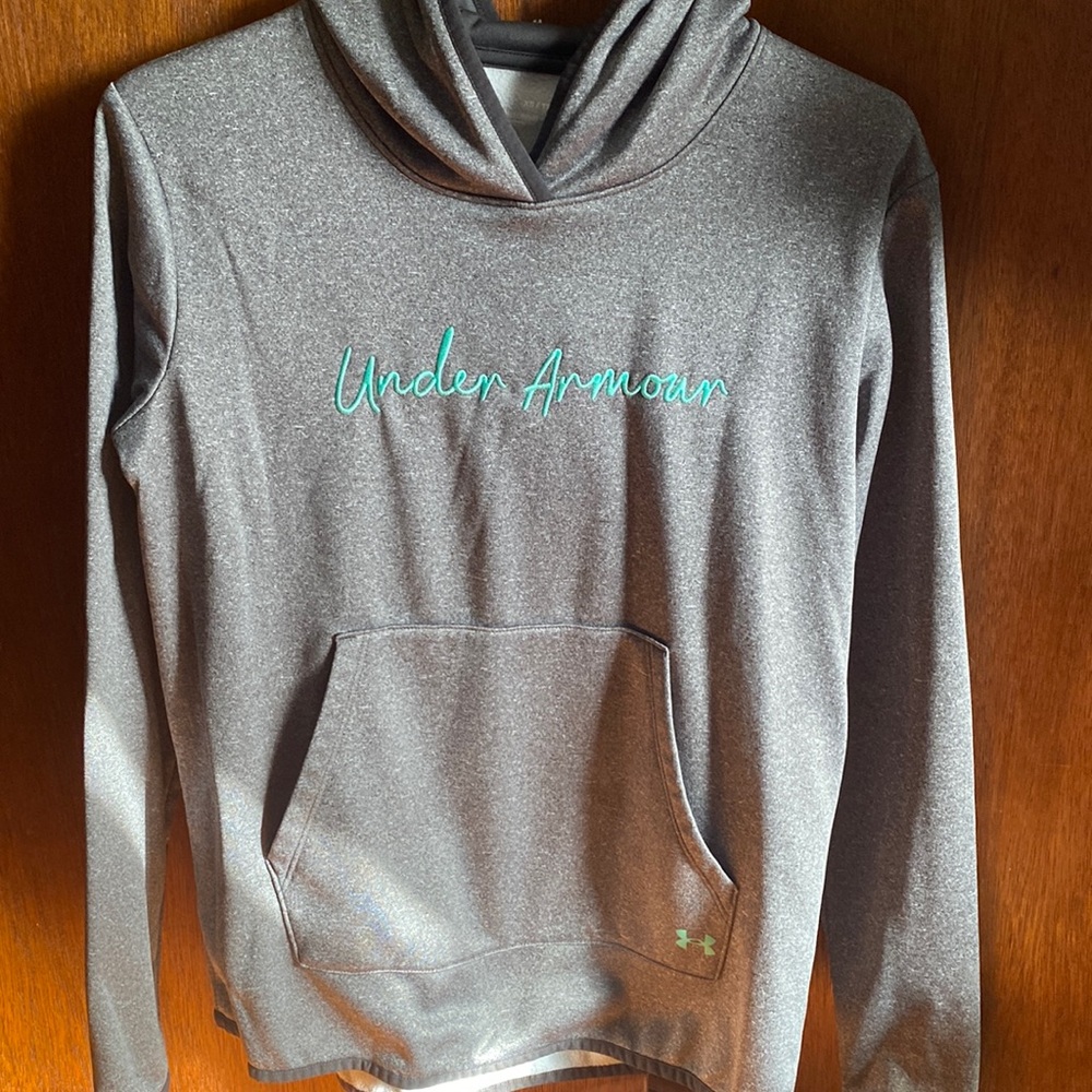 Woman’s Under Armour Loose Xsmall Hoodie Gray with green writing